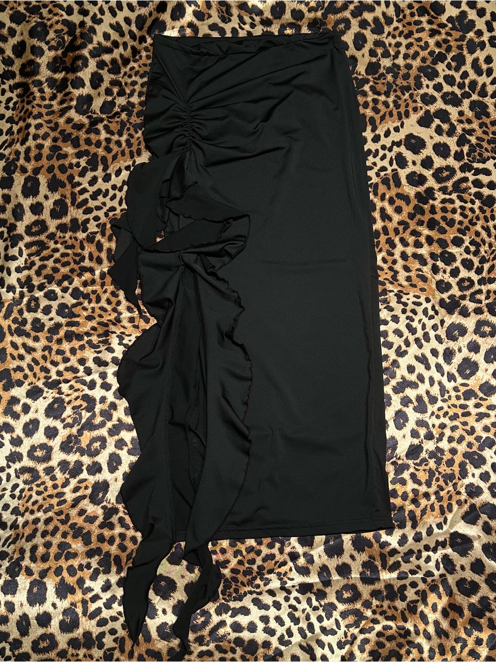 SHEIN Black Side Ruched Cascade Ruffle Midi Skirt with Slit